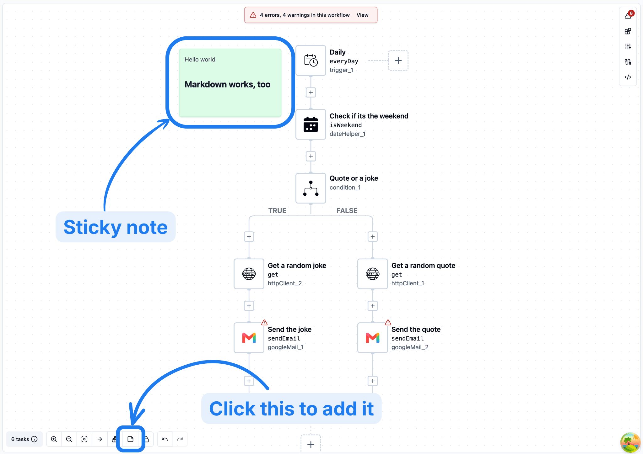 Sticky note with Markdown text placed next to a workflow on the ByteChef editor canvas, with the toolbar button that adds it highlighted