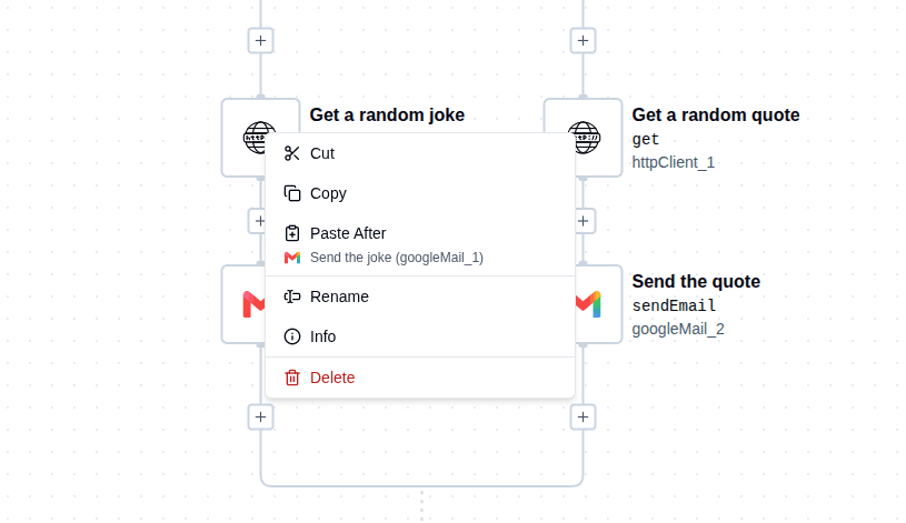 Right-click context menu on a workflow node