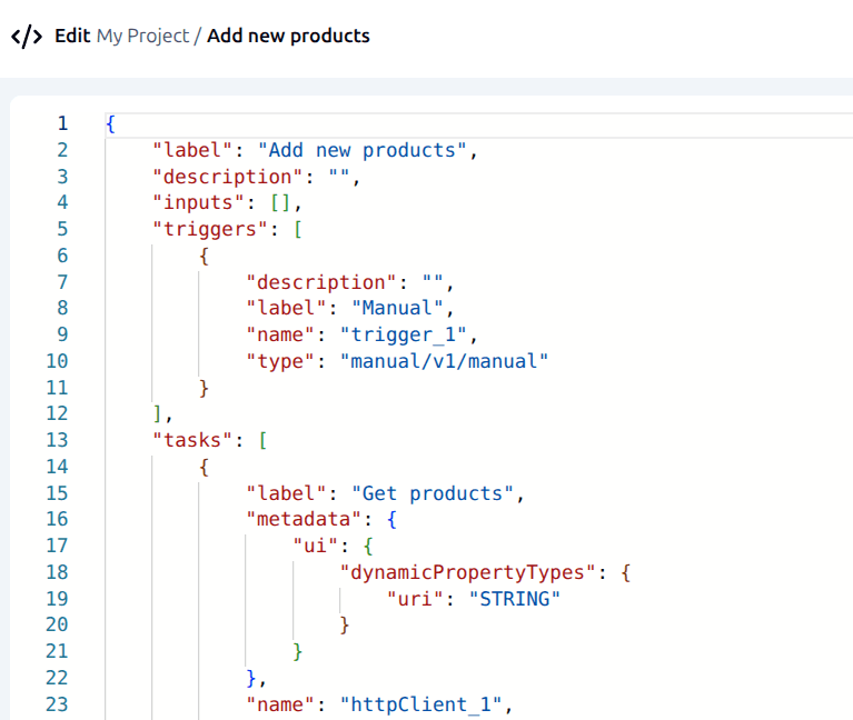 Workflow code editor showing the Add new products workflow as JSON, with its manual trigger and HTTP Client task.