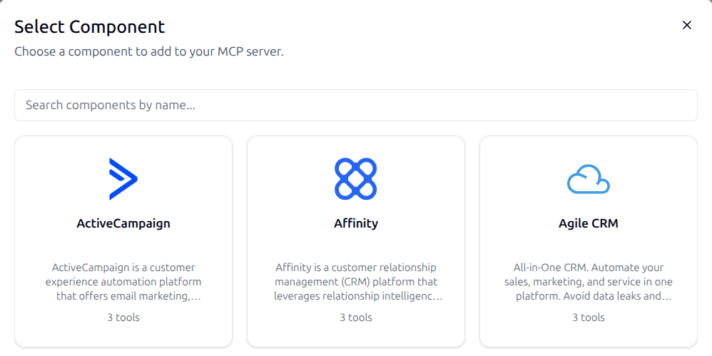 Select Component dialog for adding integrations such as ActiveCampaign, Affinity and Agile CRM to an MCP server, with the number of tools each one provides.