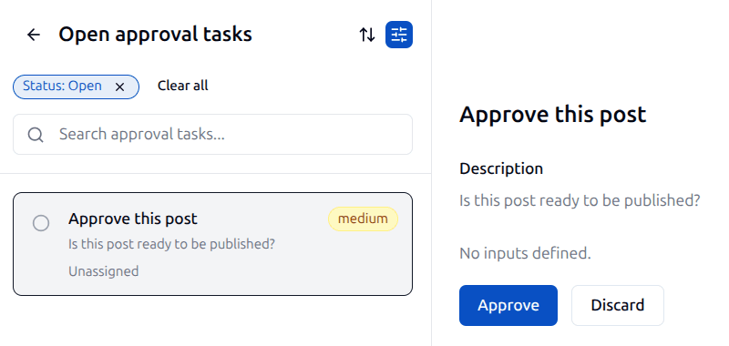 Open approval tasks list with an Approve this post request selected, showing its description and Approve and Discard buttons.