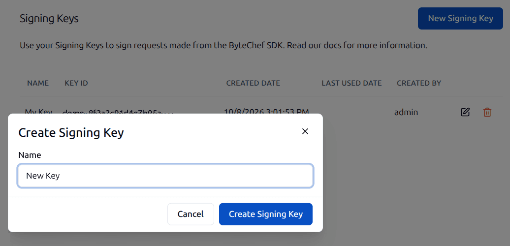 Create Signing Key dialog open over the Signing Keys settings page, used to sign requests made from the ByteChef SDK.