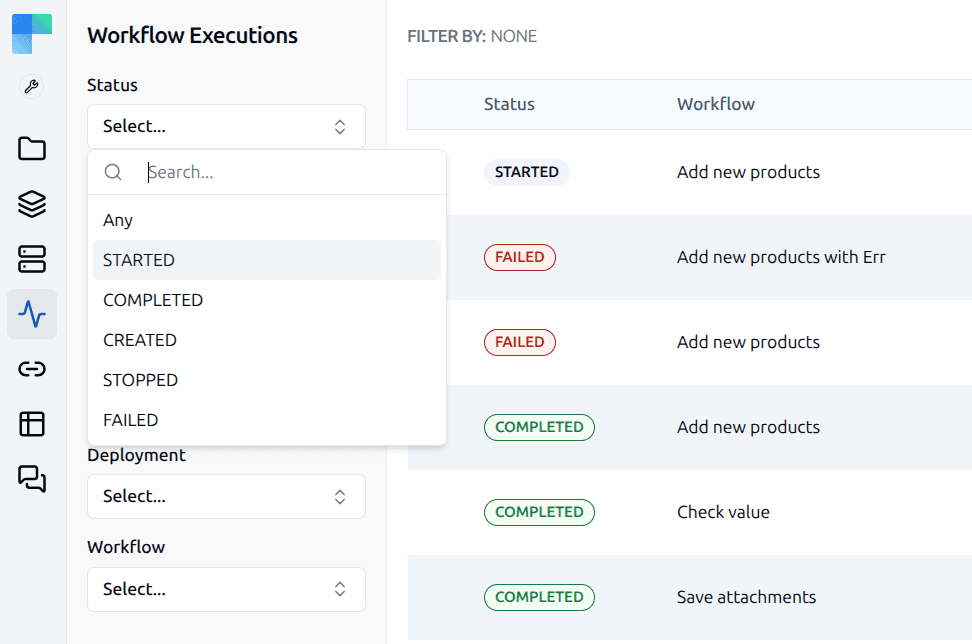 Workflow Executions list with the status filter open, showing started, failed and completed runs.