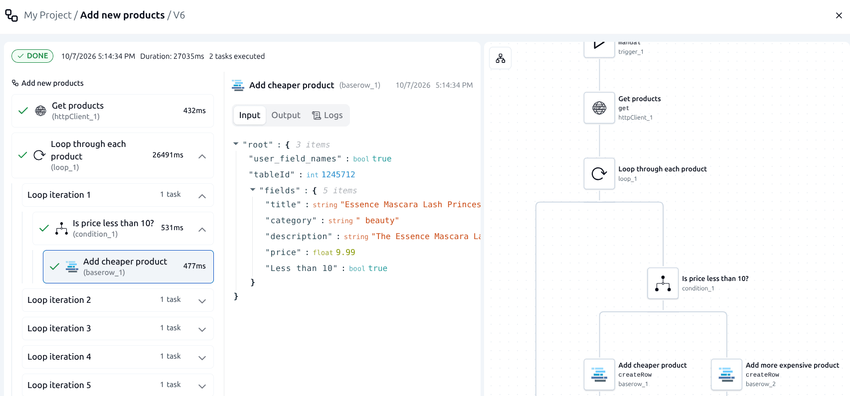 Completed workflow run showing each step with its duration, the input data of a selected step and the workflow diagram.