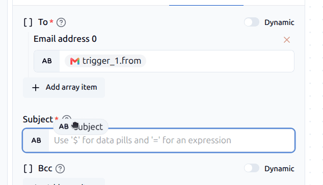 Dragging a data pill into an email's Subject field, with trigger_1.from already mapped to the To field